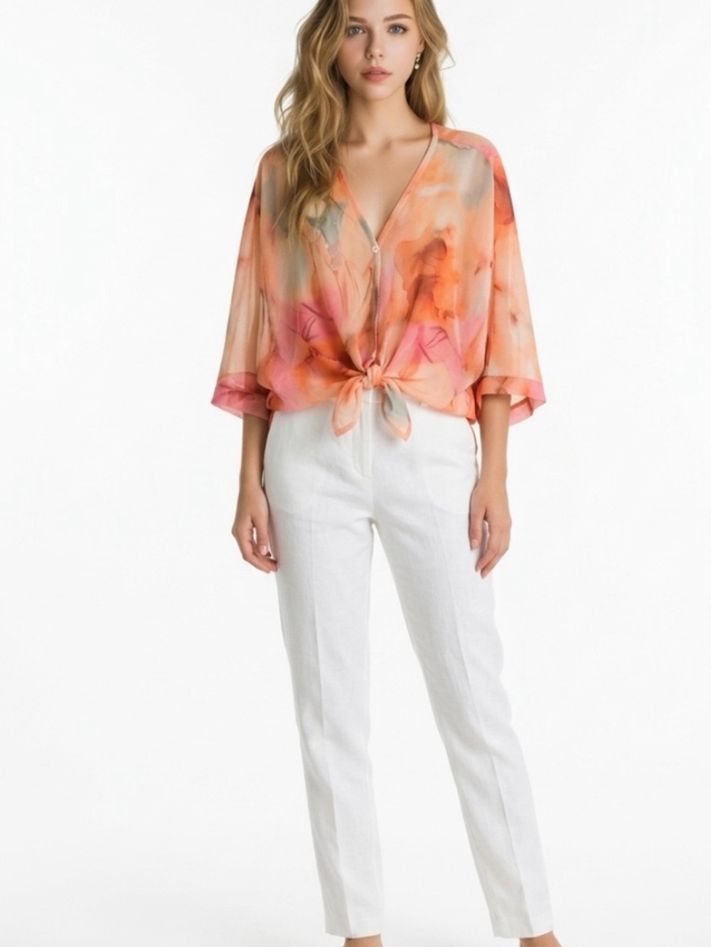 Tie-Front Watercolor Print V-Neck Blouse in Peach